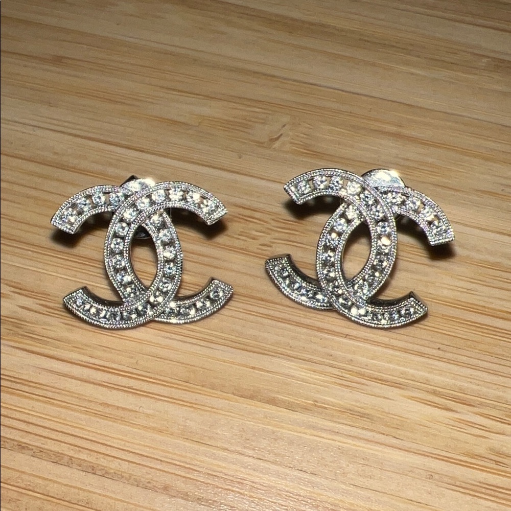 CHANEL Silver Logo Stud Earrings